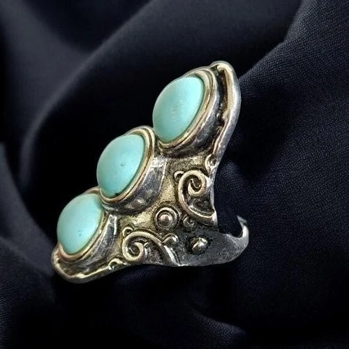 Anillo de mujer de aspecto antiguo de peltre y piedras azules turquesa talla 8 Foto 1 de 3