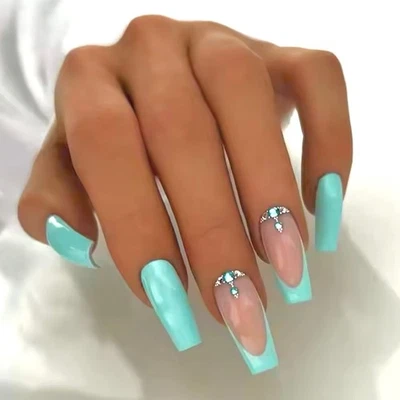 24 un. Ataúd Aqua Largo Uñas Falsas Prensa Uñas Falsas Pegamento Foto 1 de 4