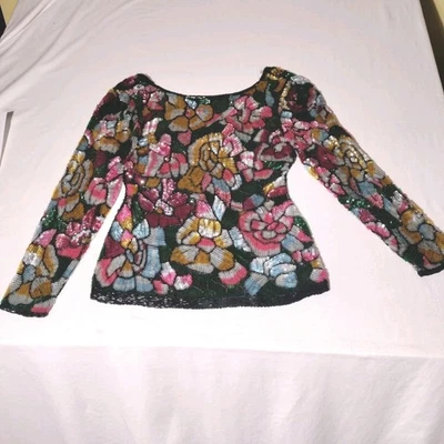 Camisa Carolyne Barton Noche M Seda Lentejuelas Cuentas Flores De Colección - Imperfecta Foto 1 de 4