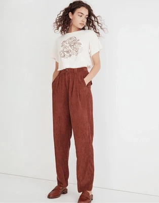 Madewell Corduroy High-Rise Tapered Pants Pleated Trousers Size 00 Dusty Redwood - Image 1 of 4