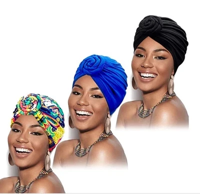 3 Pieces African Turban for Women Knot Pre-Tied Bonnet Beanie Cap Headwrap - Image 1 of 3