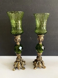 Vintage MCM Pair Hollywood Regency Brass Metal Green Lucite Candlestick Holders - Picture 1 of 16