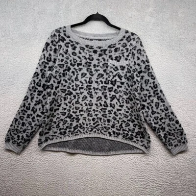 Suéter feminino Style Co cinza pulôver estampa de leopardo manga longa bolso tamanho PL - Imagem 1 de 4