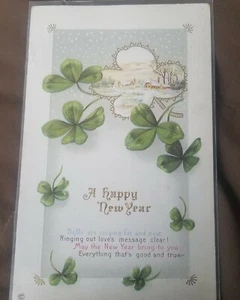 1900s Happy New Year 4 Leaf Clover Lucky vintage Shamrock Post Card Embossed - Picture 1 of 9