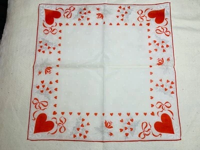 Vintage VALENTINE'S DAY Hankie Handkerchief Red&White Hearts Roses NOVELTY NOS - Image 1 of 4