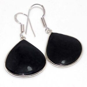 Boucles d'oreilles pierres précieuses ethniques plaquées argent 925 - obsidienne noire bijoux 1,6" JW