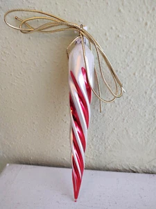 Red and White Candy Cane Icicle Hand-Blown Christmas Ornament-Made in Germany - Picture 1 of 7