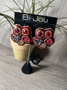 Stunning Flower/Star Shaped Clip Earring.  5 Faux Gemstones Dark Pink Base 1.75" - Picture 1 of 10