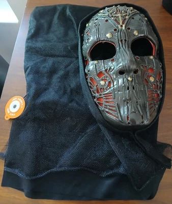 Light Up Fully Black Hooded Skeleton Mask Red Lights Adjustable Strap Adult - Image 1 of 4