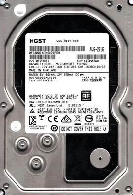 HUS726060ALE610 P/N: 0F23001 MLC: APK907 S/N: K1GM THAILAND AUG 2016 HGST 6TB - Image 1 of 3