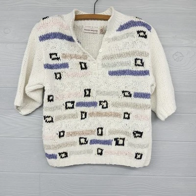 Винтажный Lauren Hansen вязаный вручную льняной смеси коротким рукавом свитер женщин PS - Изображение 1 из 4