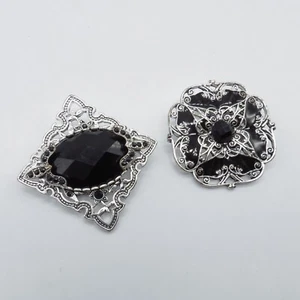 2Pc Black Rhinestone Ornate Brooch Silver Tone Scrolls Pattern - Picture 1 of 12