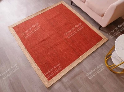 Indian Hand Braided Red Jute Rug With Beige Border Vintage Rug, Yoga Mat Dhurrie - Image 1 of 4
