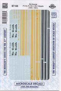 Juego de calcomanías escala HO 87-56 Rio Grande D&RGW cabina diésel 1942-51 - Imagen 1 de 3