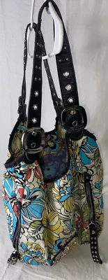 Bolso de Mano Kathy Van Zeeland Azul Verde Amarillo Floral Doble Correa Remaches Mediano Foto 1 de 4