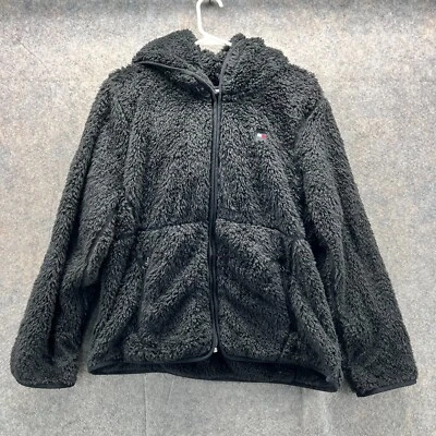 Tommy Hilfiger Jacket Women Large Black Fleece Sweater Cozy Full Zip Faux Fur - Image 1 of 4