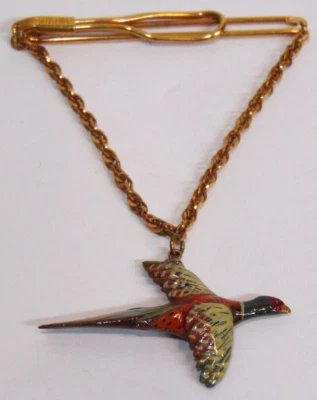 Plumas de faisán Anillo Cuello Volador Corbata Clip Vintage Swank Cadena Madera Solapa Pin Foto 1 de 4
