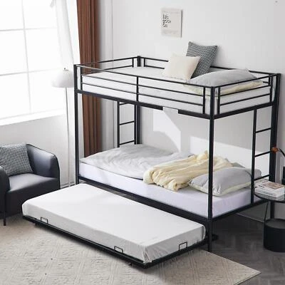 Bunk Beds Frame Twin Over Twin Metal Ladder With Twin Trundle Bed Dorm Bedroom Foto 1 de 4