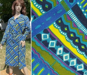 Vestido de colección años 60 IMPRESIÓN PSICODÉLICA crepé cuello daga tela botones cubiertos grande - Imagen 1 de 21