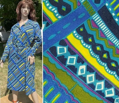 vtg 60s PSYCHEDELIC PRINT dress crepe dagger collar fabric covered buttons large - Image 1 of 4