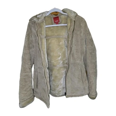 ESPIRIT 连帽麂皮绒皮革米色拉链外套带人造毛皮衬里尺寸 S GUC — 第 1/4 张图片