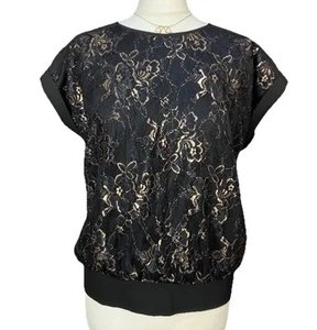 Oasis Size S Black Top Rose Gold Lace Overlay Faux Button Back RRP £35 Party - Picture 1 of 18