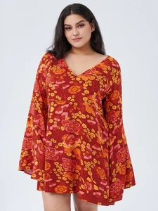 CIDER Blossom Floral MINI Dress Size 3X Bell Sleeves Retro Hippie Bohemian - Picture 1 of 10