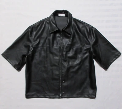 ZARA Men's Black Faux-Leather Short-Sleeve Zip-Up Casual Shirt Size XL - Image 1 of 4