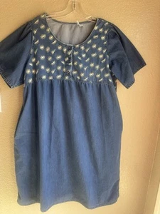 Denim Jean House Dress Vtg 90s Embroidered Mumu Floral Cottagecore Grunge Large - Picture 1 of 5