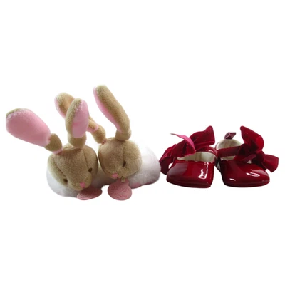 Doudou Et Compagnie Baby Girl Bunny Plush Slippers & Red Bow Dress Shoes 0-6M - Photo 1/4