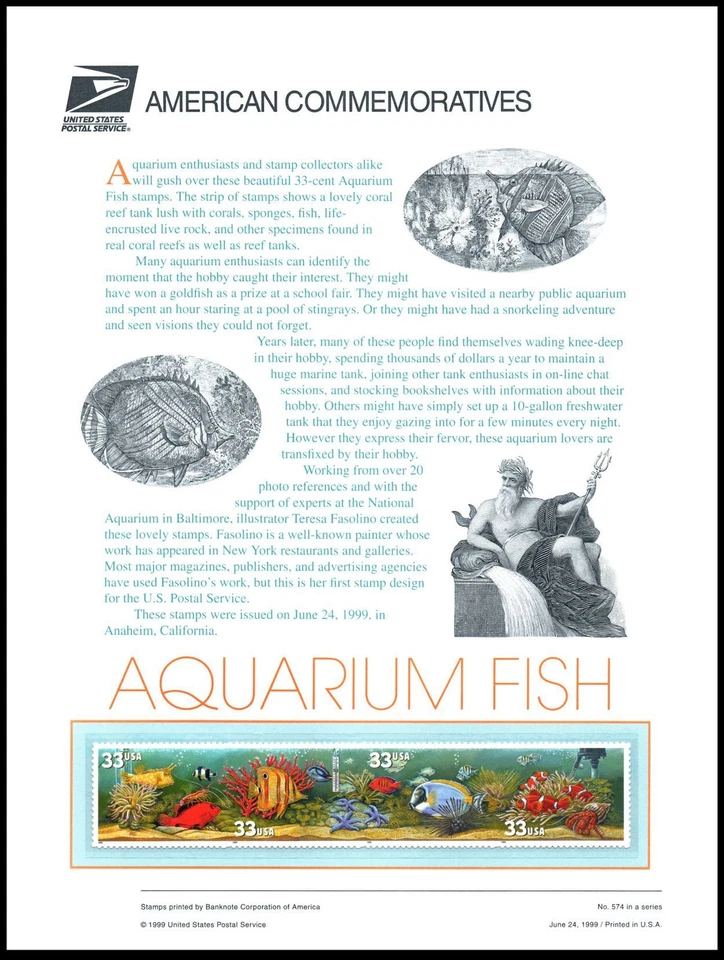 1999 Aquarium Fish coral reef CP577 commemorative panel 574 MNH Sc 3320a - Image 1 of 1