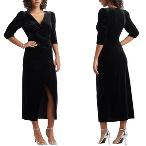 NEU CHELSEA28 schwarz RÜSCHEN Knopf KUNST WRAP Samt Midi Cocktail KLEID S - Bild 1 von 14
