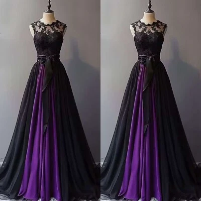 Gothic Chiffon Wedding Dress Scoop Neck Sleeveless Lace Applique Bridal Gowns - Image 1 of 4