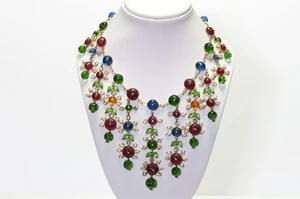 CHANEL 1990’s Couture Gripoix Camellia Red Green Blue Glass Collar Necklace - Picture 1 of 7