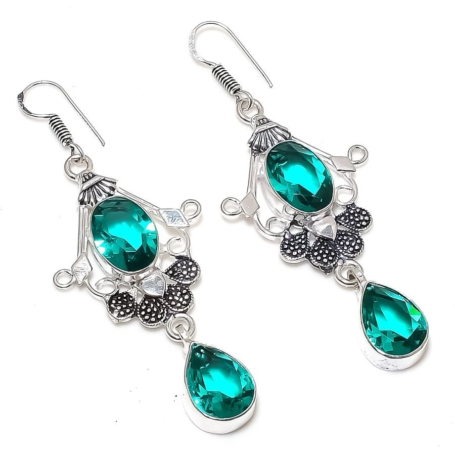 Mint Tourmaline Gemstone Handmade 925 Sterling silver Earring Size 2.75'' - Image 1 of 1