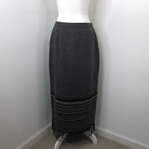 Vtg Michele Womens Lined Skirt Size 10 Gray Long A-Line Wool Blend Fringe Hem - Picture 1 of 15