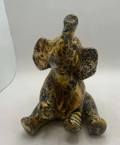 VTG Elephant Sitting Safari Patchwork Animal Print Ceramic Figurine Trunk Upward - Picture 1 of 10
