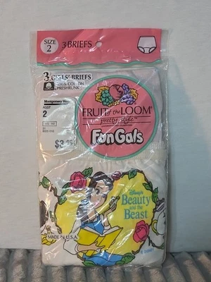 复古 1991 年 Beauty and the Beast Girls 尺寸 2 Fruit of the Loom 真菌美国 3 个内裤 — 第 1/4 张图片