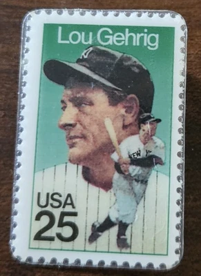 复古 Lou Gehrig 翻领别针纽约洋基队塑料涂层邮票别针 — 第 1/2 张图片