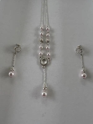 Collar y pendientes de plata de ley con simulantes de diamantes blancos y perlas rosa JTV Foto 1 de 4