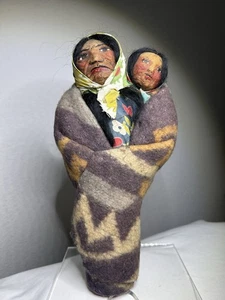 Early Mary Frances Woods Native American Indian Doll W/ Papoose Pre Skookum 9" - Picture 1 of 9