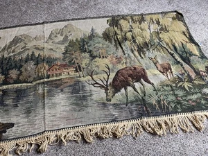 Vintage Deer Forest Mountain Tapestry Hanging Fringe Weiher Rustic 63in X 27in - Picture 1 of 9