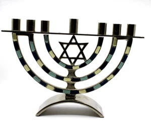 Candelabro Hanukkah Menorá Plata Metal Decoración Estrella de David Azul Verde Aqua - Imagen 1 de 7