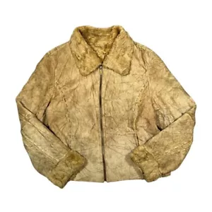 Vintage 90's WINLIT Brown Beige Real Suede Leather Faux Fur Zip Jacket Women's L - Picture 1 of 5