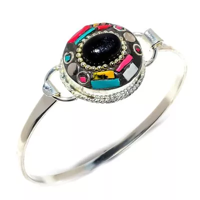 Natural Tibetan Black Onyx, Turquoise,Coral Gemstone 925 Sterling Silver Cuff y0 - Image 1 of 4