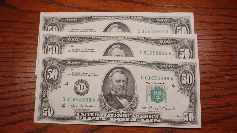 THREE CONSECUTIVE 1981 FIFTY DOLLAR CLEVELAND CHOICE UNC NOTES $50.00 BILLS! - Image 1 of 4