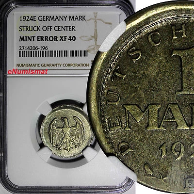 Germany - Weimar  Silver 1924-E 1 Mark NGC MINT ERROR XF40 SCARCE KM# 42 (196) - Image 1 of 4
