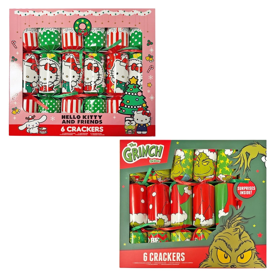 Character Christmas Crackers 6 Pack 30cm - The Grinch or Hello Kitty - Image 1 of 1