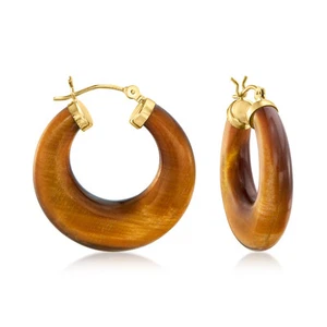 Ross-Simons Tiger Eye Hoop Earrings in 14kt Yellow Gold. 1 1/8 inches - Picture 1 of 6