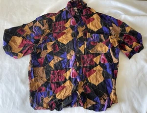 Vintage 90s Whooo's Shirt Mens Button Up Abstract USA Rayon Purple Blue Medium - Picture 1 of 7